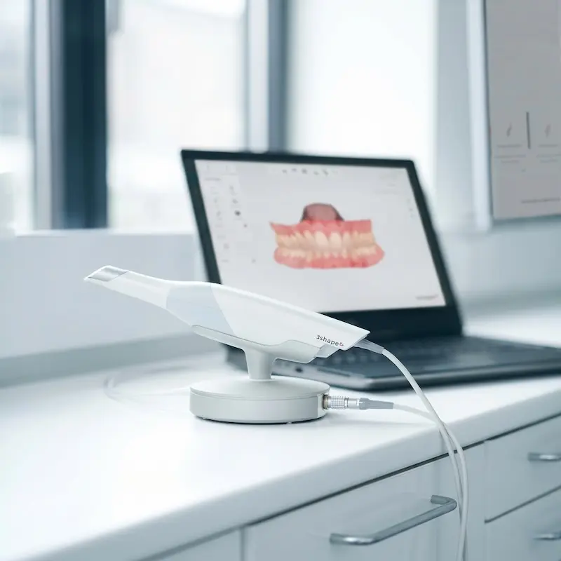 An intraoral scanner wand rests on its dock on a clean surface, with a laptop screen in the background displaying a color digital 3D model of full upper and lower dentures within specialized dental CAD software, illustrating the technology behind Confidentures' precise, friction-free fit Comfort Protocol which eliminates messy impressions.