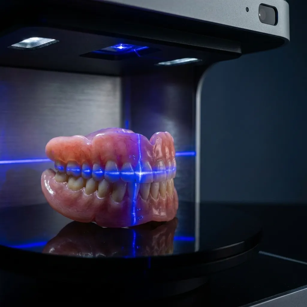 A high-precision desktop laboratory scanner using blue optical lasers to digitally map a premium physical denture, illustrating the exact duplication process utilized by Confidentures in Auckland.