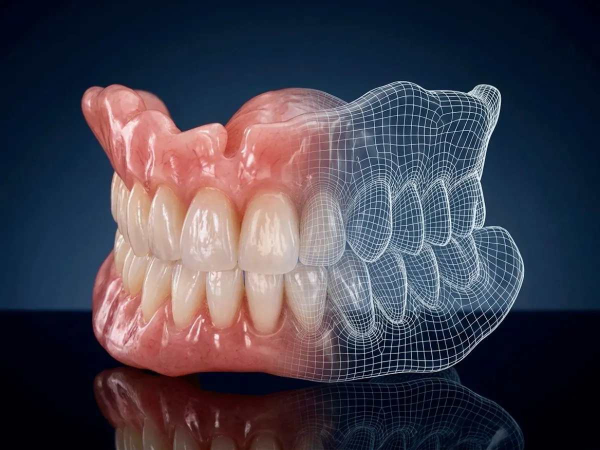 A high-fidelity visual of a premium physical denture seamlessly transitioning into a precise 3D CAD wireframe, demonstrating the flawless digital denture duplication and scanning process at Confidentures in Auckland.