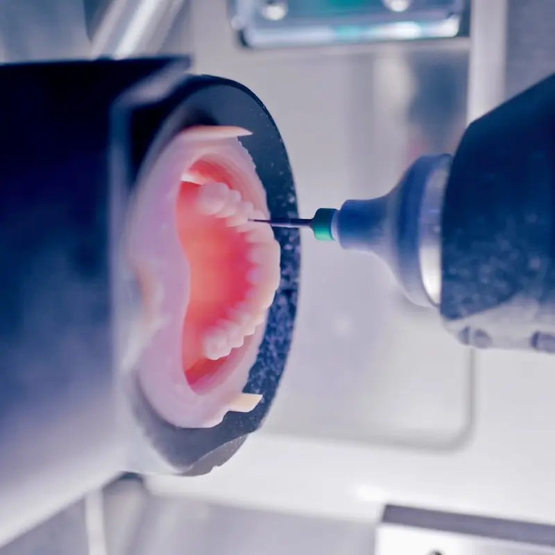 A high-precision 5-axis dental mill actively carving a custom pink PMMA denture base at the Confidentures Rosedale clinic on the North Shore, ensuring a friction-free fit.