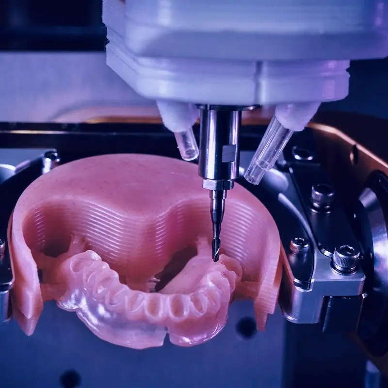 A 5-axis digital milling machine precisely carving a solid PMMA puck to engineer a flawless, 0% shrinkage structural foundation for a premium cosmetic denture.