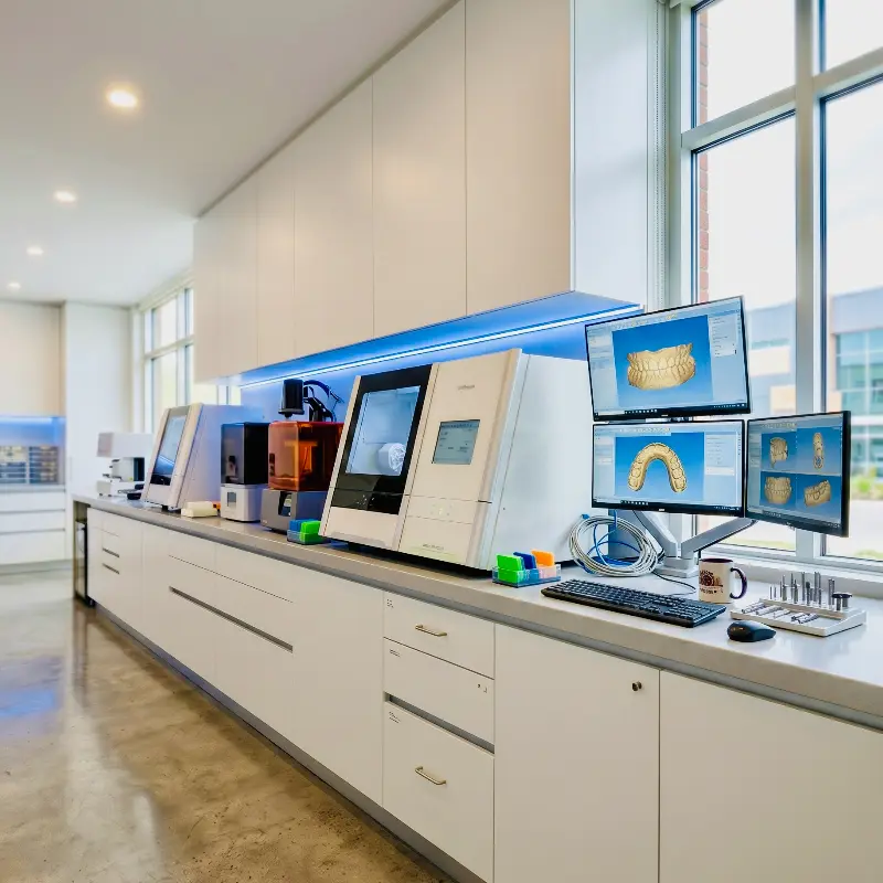 The pristine, state-of-the-art in-house digital dental laboratory at Confidentures in Auckland, featuring advanced 5-axis milling machines and 3D printing technology for sub-micron precision.
