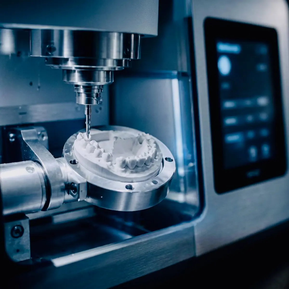 A state-of-the-art VHF K5+ 5-axis digital milling machine precision-carving a bespoke dental prosthetic. Showcasing the custom-engineered, non-mass-produced manufacturing process that defines the premium clinical investment at Confidentures in Auckland.