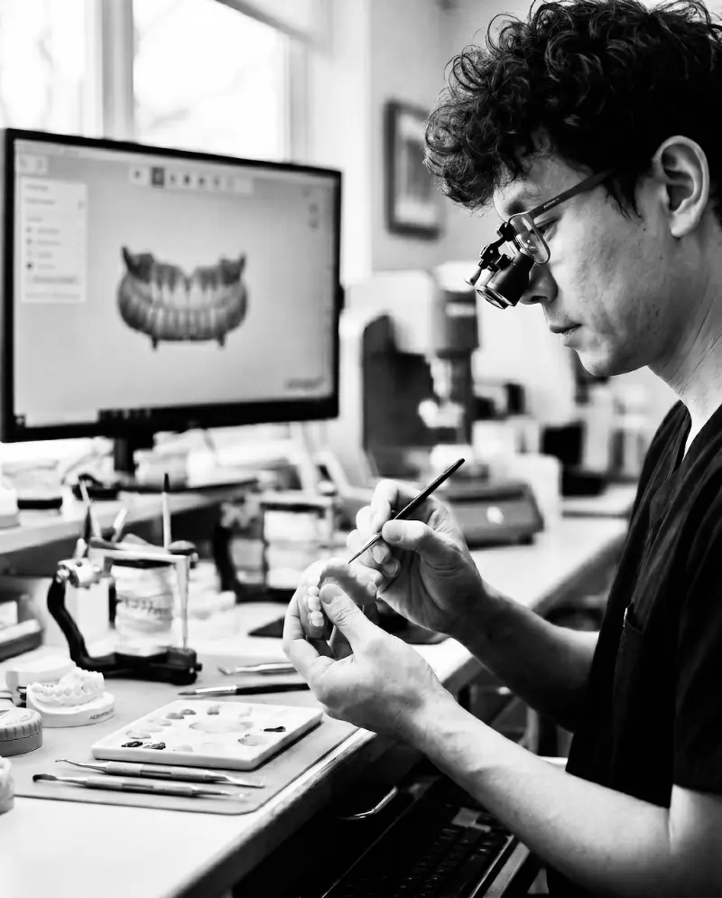 James Lee, Clinical Director at Confidentures, using technical loupes to meticulously hand-tint a custom digital denture prosthetic in his Auckland private dental studio.