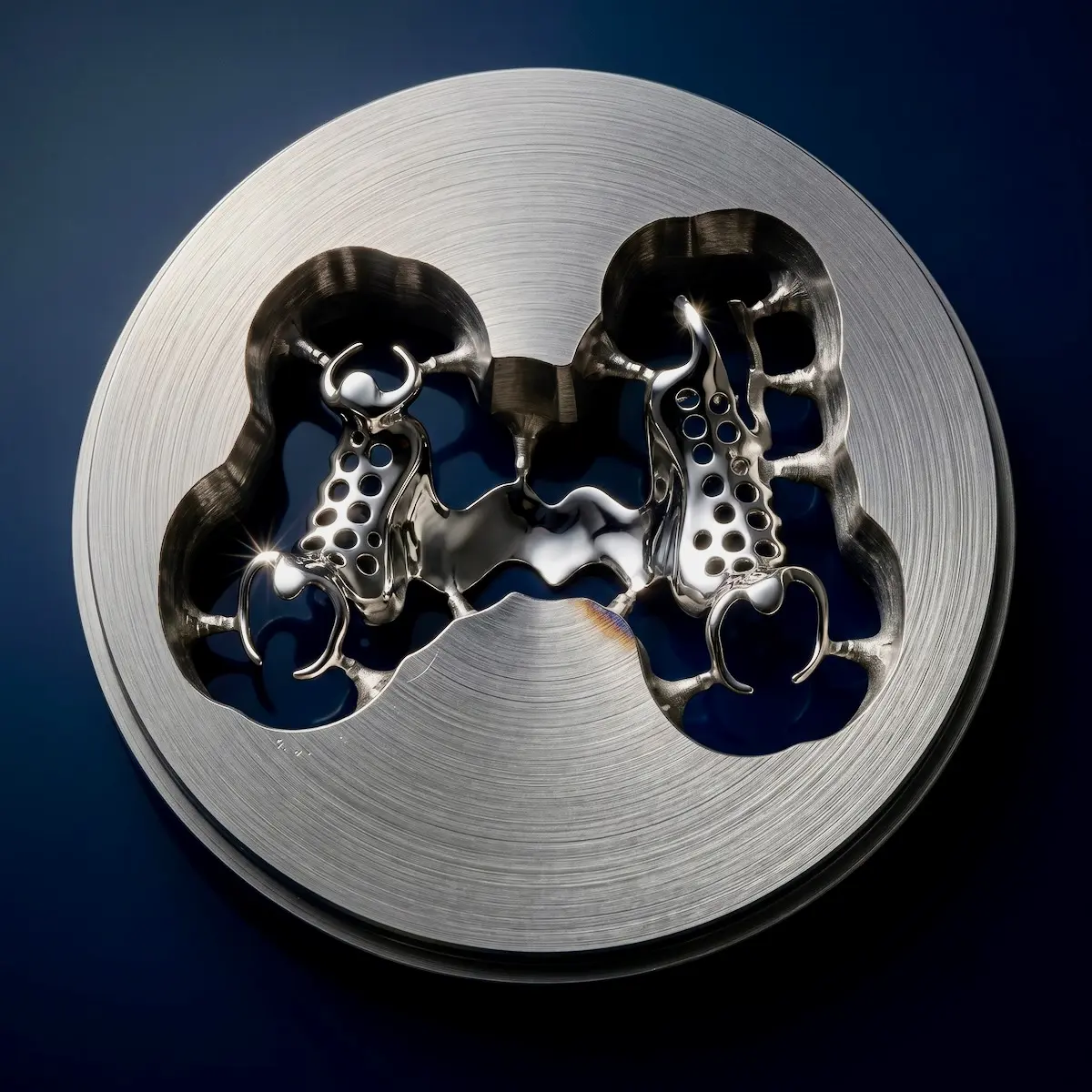 A macro studio photograph of a precision-milled Cobalt-Chrome partial denture framework still attached to its raw metal milling disc, showcasing the advanced digital manufacturing process at Confidentures.