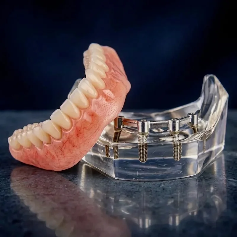 A Confi-Fixed full-arch bridge suspended above an anatomical model featuring four surgical implants. This ultimate executive investment provides absolute permanence, utilizing a screw-retained All-on-4 design and a highly polished ovate tissue surface for the closest replication of natural teeth.