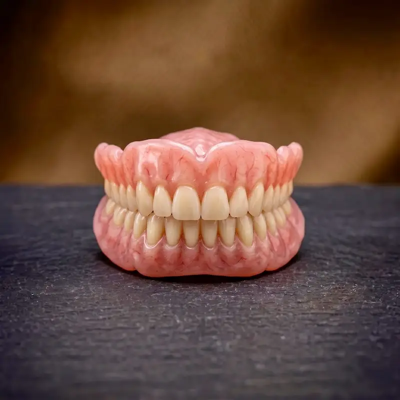 A detailed close-up showing a characterized, natural-looking premium complete cosmetic denture crafted at the Confidentures Rosedale North Shore clinic, designed to eliminate the fake teeth look and restore facial volume.