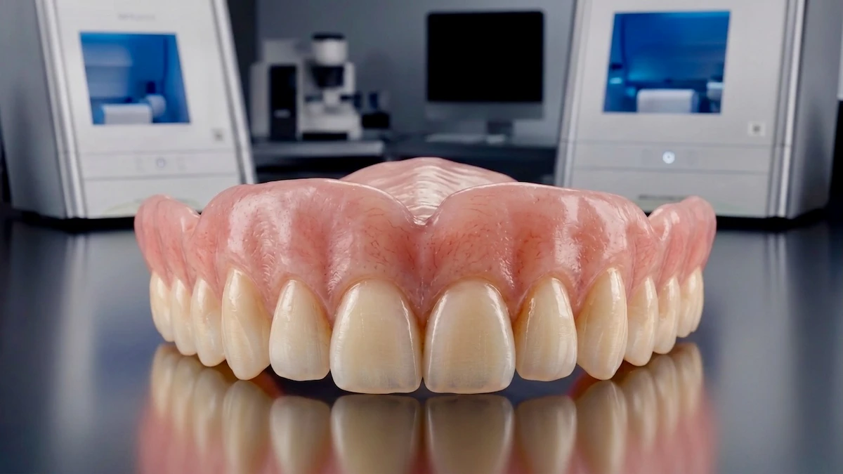 A close-up of a highly realistic, custom-milled upper denture with hand-tinted gums, sitting in front of advanced 5-axis dental milling machines at an Auckland Confidentures clinic.