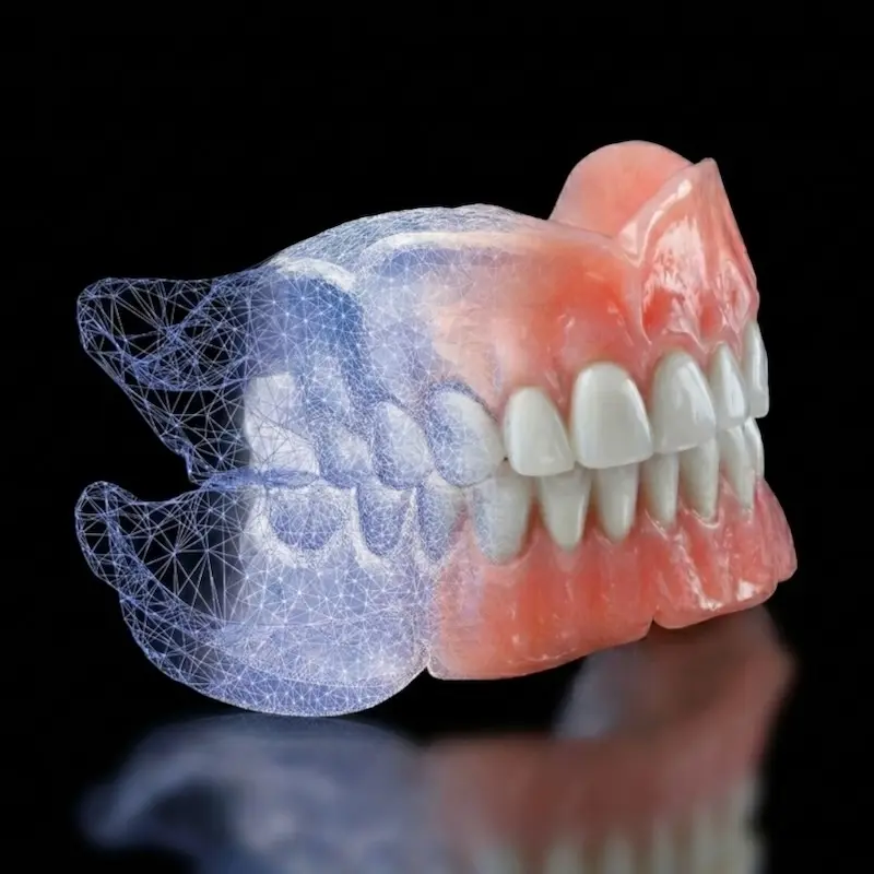 A digital 3D wireframe transitioning into a final physical denture, illustrating the advanced CAD/CAM Comfort Protocol used at the Confidentures Silverdale studio for a precise, friction-free fit.