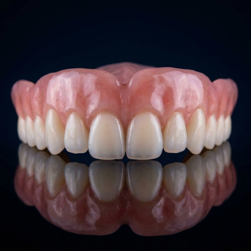 Close-up of the Confi-Soft feminine cosmetic denture with delicate, rounded tooth embrasures, engineered by Confidentures in Auckland for a naturally youthful smile.