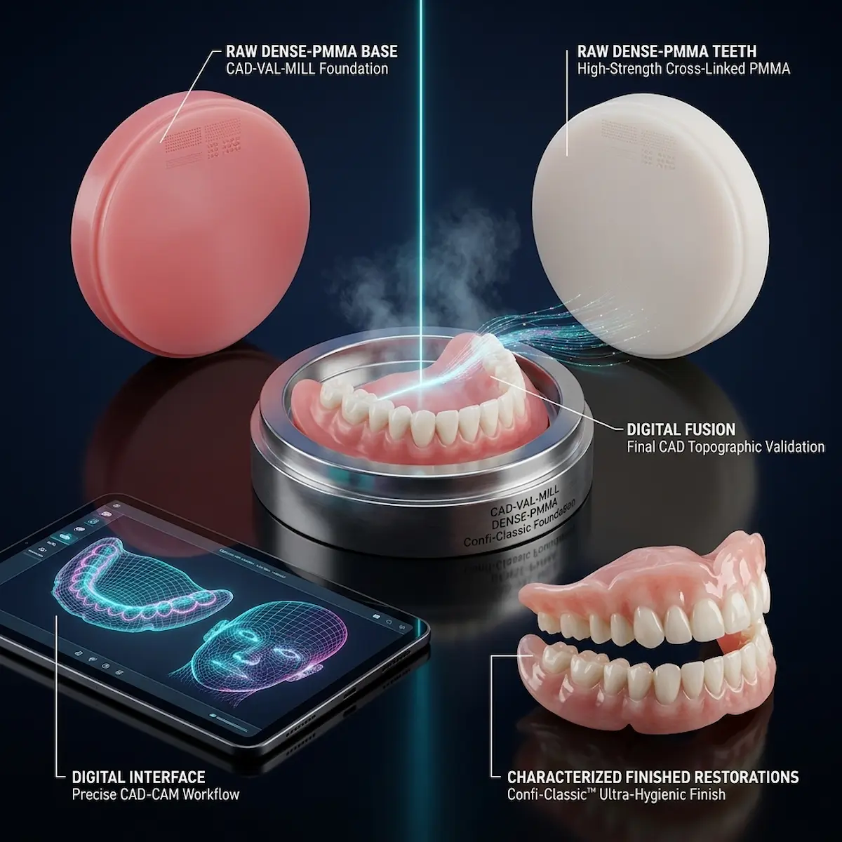 Diagram illustrating the advanced CAD/CAM digital milling workflow for immediate transition dentures. Confidentures in Auckland utilizes dense, cross-linked PMMA and zero-shrinkage technology to engineer ultra-hygienic, custom healing foundations following tooth extractions.