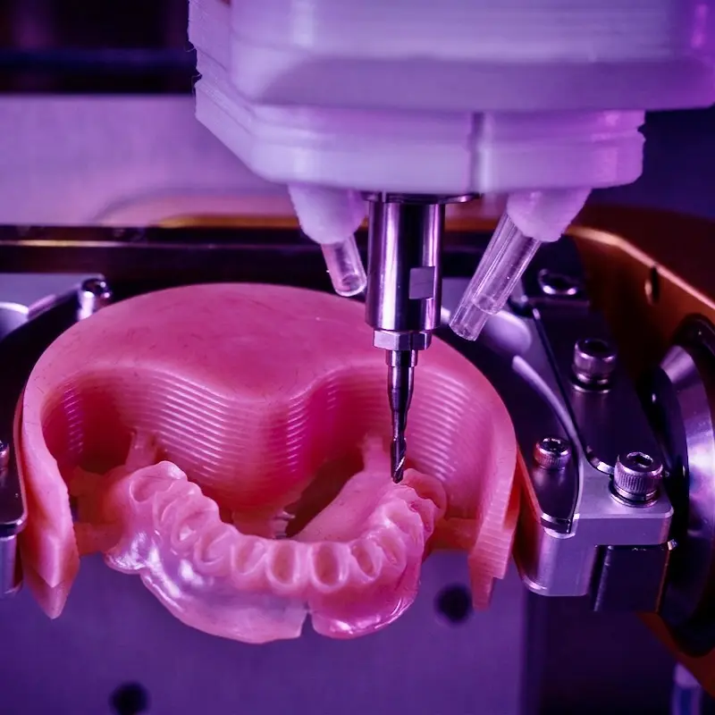 A macro photograph of an in-house 5-axis dental milling machine precisely carving a custom monoblock denture from a solid, cross-linked PMMA puck, illustrating the Confidentures advantage of sub-micron precision manufacturing.