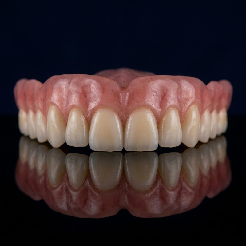 Macro photograph of the Confi-Bold masculine bespoke denture on a dark background, featuring robust, squared tooth anatomy crafted for structural dominance at our Auckland laboratory.