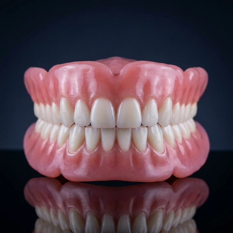A pristine, freshly milled PMMA denture providing a stronger, non-porous foundation for patients at Confidentures in Auckland.