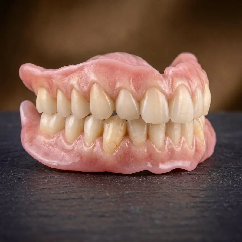 A close-up of a highly aesthetic, custom-crafted digital denture showing lifelike tooth translucency and natural gum contouring.
