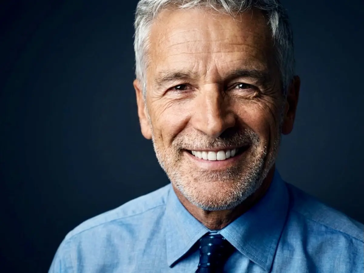 A mature male executive smiling confidently, demonstrating the natural aesthetics of premium cosmetic dentures engineered by Confidentures in Auckland.