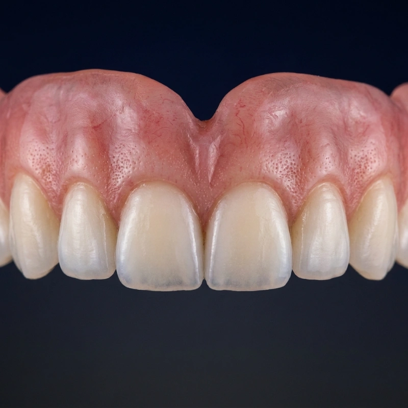 Extreme close-up of premium Ivoclar Phonares II denture teeth with artisanal hand-tinted gingiva, crafted by Confidentures.