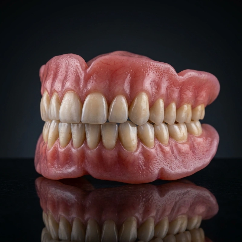 Articulated full set of Confi-Ultimate premium Swiss BPS dentures, highlighting meticulously hand-stippled, lifelike gum tissue engineered for maximum aesthetic discretion in Auckland.