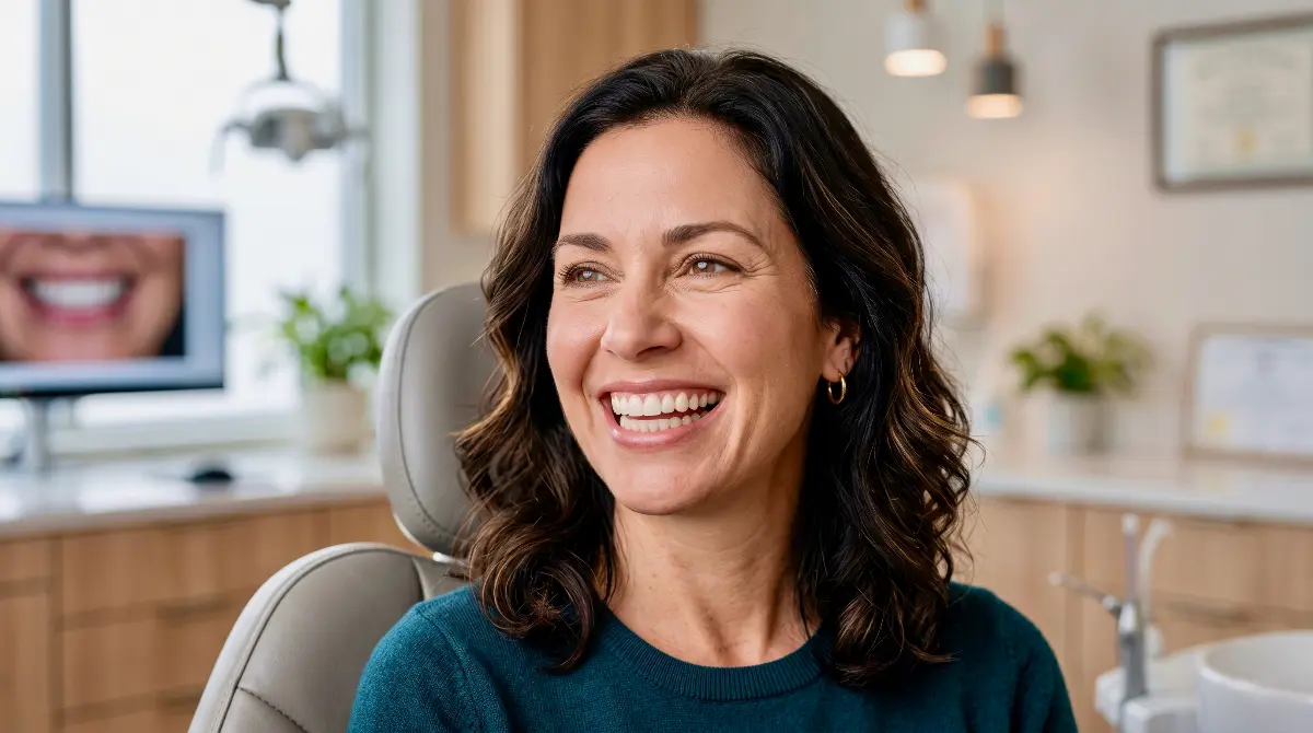 A confident, smiling female patient sitting in a modern dental chair at an Auckland Confidentures clinic, demonstrating the natural-looking, undetectable aesthetic of her custom dental prosthetics.