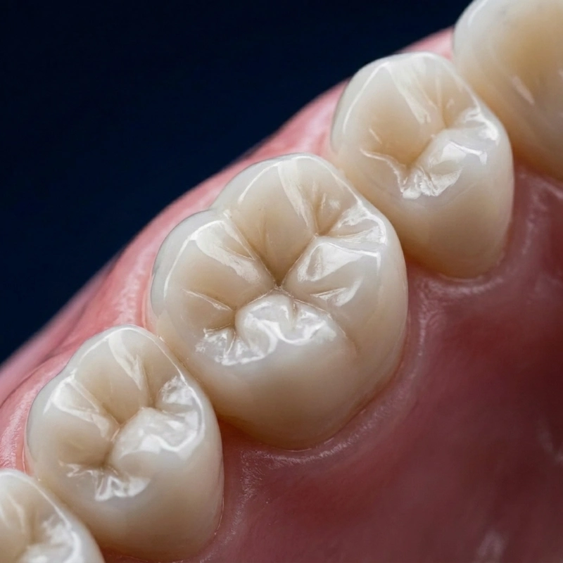 Macro view of mathematically balanced denture occlusion and anatomical tooth form, engineered for restored chewing efficiency and function at Confidentures.